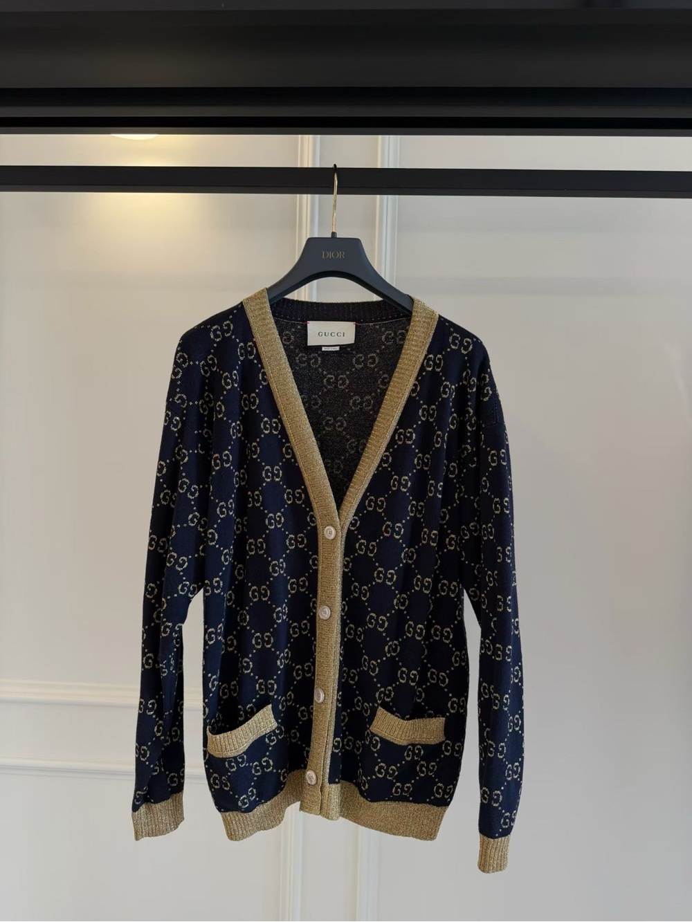 Gucci Navy Cardigan with Gold Trim and GG Motif